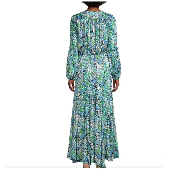 Elliatt Revolve Claude Ruffled Satin Maxi Dress Floral High Low hem Blue Small S - Picture 5 of 13